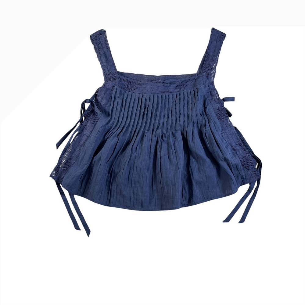 American Eagle Womens Blue Lace Trim Pleated Side Tie Tank Top NWT Size Large